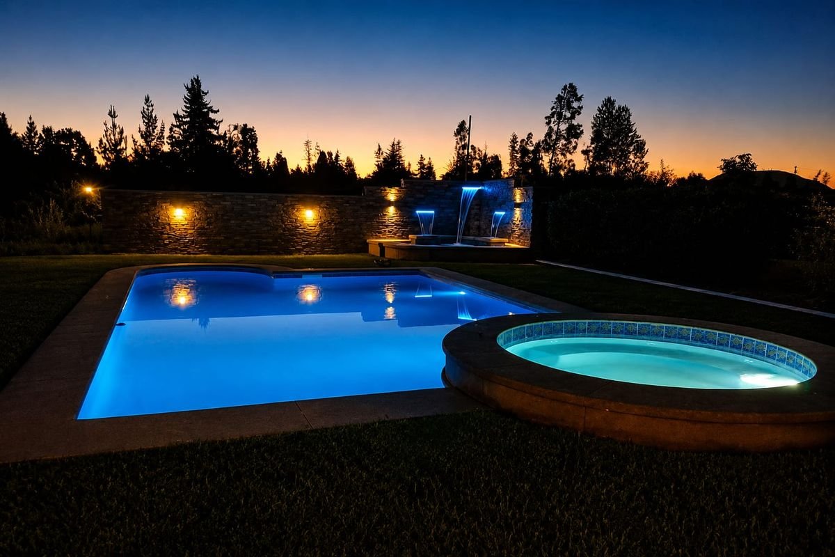 Piscina con spa iluminada al atardecer, construida por Piscinas B&B
