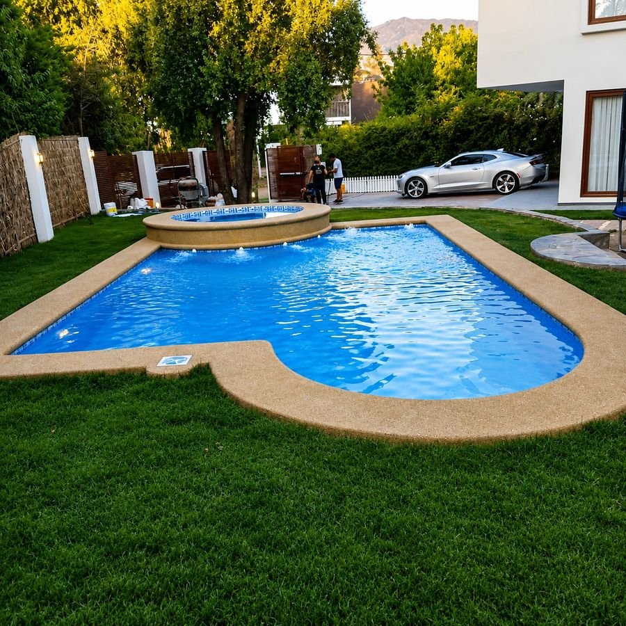 Piscina con spa elevado y borde pétreo